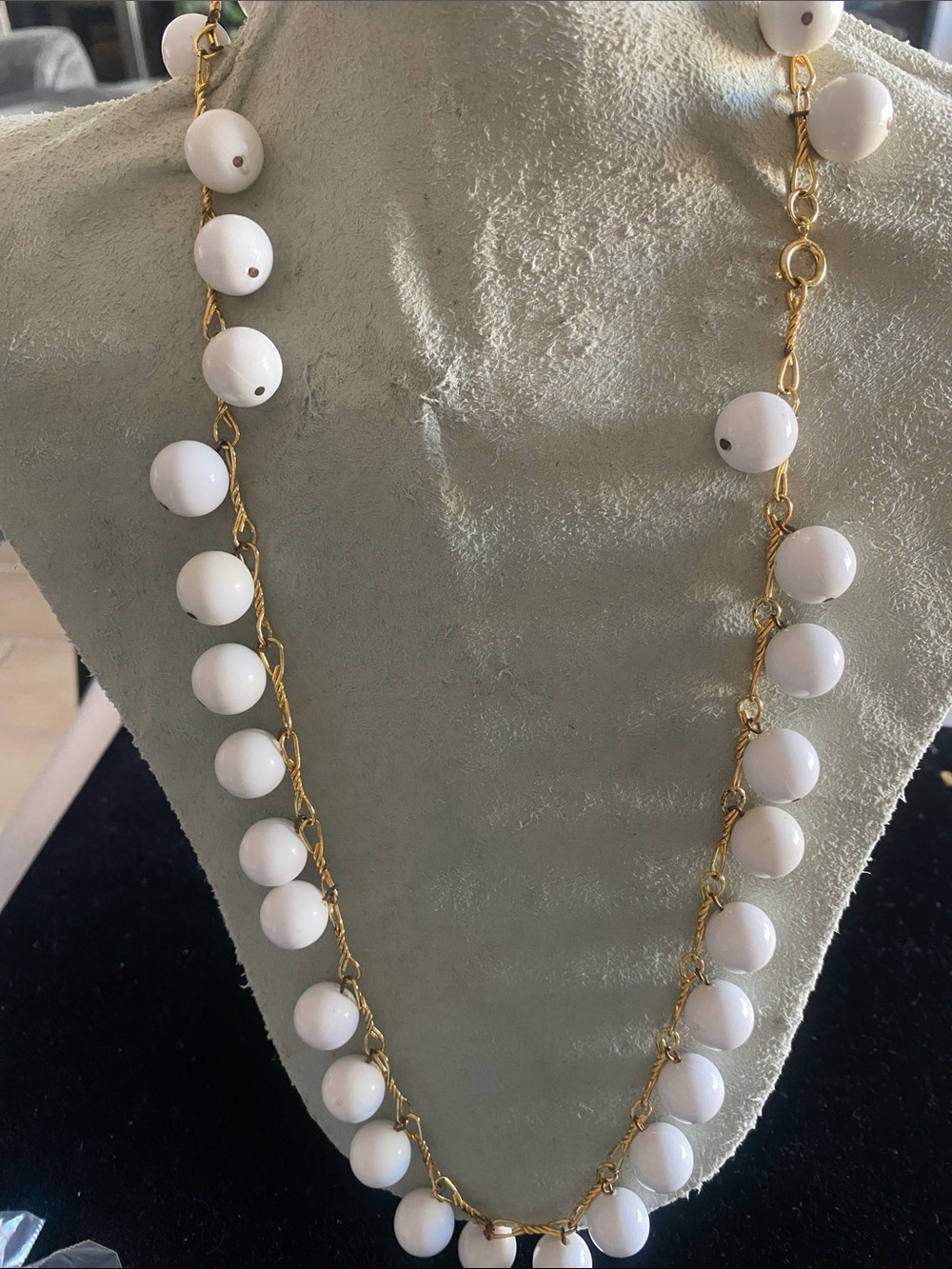 Vintage Gold Chain Necklace with White Bead Drops